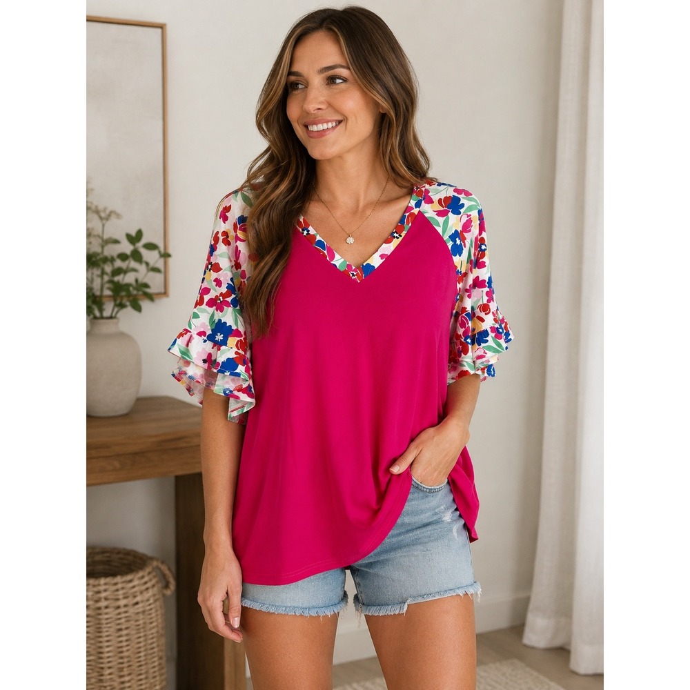 NWT Southern Stitch Size XL Magenta Pink Floral Raglan Ruffle Sleeve V-Neck Top